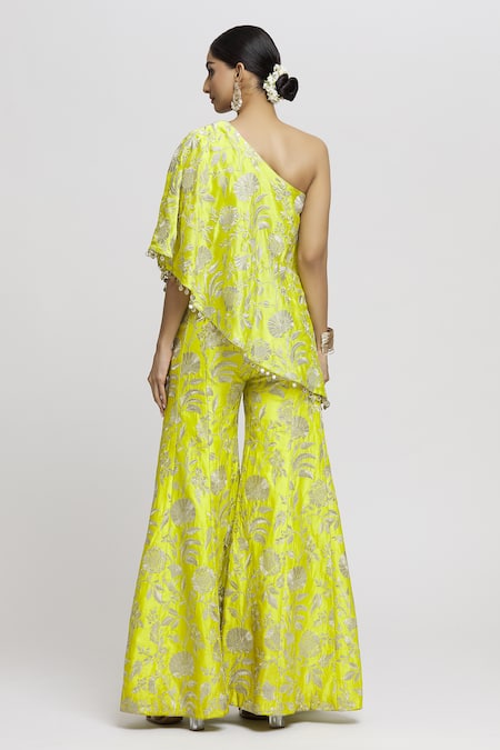 Shop Gopi Vaid Green Tussar Embroidery, Tassels One Arsh Floral Pattern Top And Sharara Set at Aza Fashions Shop_Gopi Vaid_Green Tussar Embroidery, Tassels One Arsh Floral Pattern Top And Sharara Set _at_Aza_Fashions