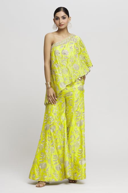 Gopi Vaid Green Tussar Embroidery, Tassels One Arsh Floral Pattern Top And Sharara Set Online at Aza Fashions Gopi Vaid_Green Tussar Embroidery, Tassels One Arsh Floral Pattern Top And Sharara Set _Online_at_Aza_Fashions