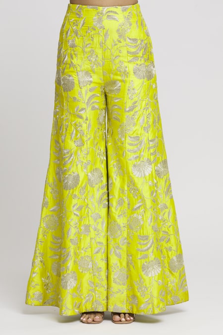 Shop Gopi Vaid Green Tussar Embroidery, Tassels One Arsh Floral Pattern Top And Sharara Set Online at Aza Fashions Shop_Gopi Vaid_Green Tussar Embroidery, Tassels One Arsh Floral Pattern Top And Sharara Set _Online_at_Aza_Fashions