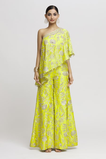 Gopi Vaid Green Tussar Embroidery, Tassels One Arsh Floral Pattern Top And Sharara Set at Aza Fashions Gopi Vaid_Green Tussar Embroidery, Tassels One Arsh Floral Pattern Top And Sharara Set _at_Aza_Fashions