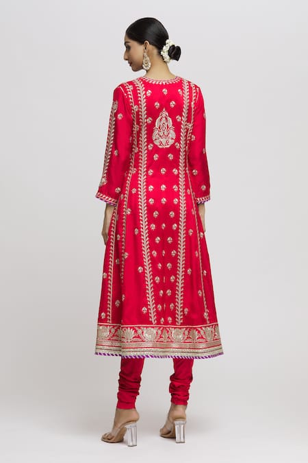 Gopi Vaid Red Tussar, Lycra, Chiffon Embroidery Split V-neck Aarohi Floret Anarkali Set Online at Aza Fashions Gopi Vaid_Red Tussar, Lycra, Chiffon Embroidery Split V-neck Aarohi Floret Anarkali Set _Online_at_Aza_Fashions