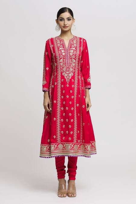 Buy Gopi Vaid Red Tussar, Lycra, Chiffon Embroidery Split V-neck Aarohi Floret Anarkali Set Online at Aza Fashions Buy_Gopi Vaid_Red Tussar, Lycra, Chiffon Embroidery Split V-neck Aarohi Floret Anarkali Set _Online_at_Aza_Fashions