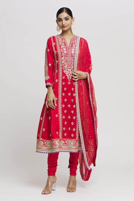 Shop Gopi Vaid Red Tussar, Lycra, Chiffon Embroidery Split V-neck Aarohi Floret Anarkali Set Online at Aza Fashions Shop_Gopi Vaid_Red Tussar, Lycra, Chiffon Embroidery Split V-neck Aarohi Floret Anarkali Set _Online_at_Aza_Fashions