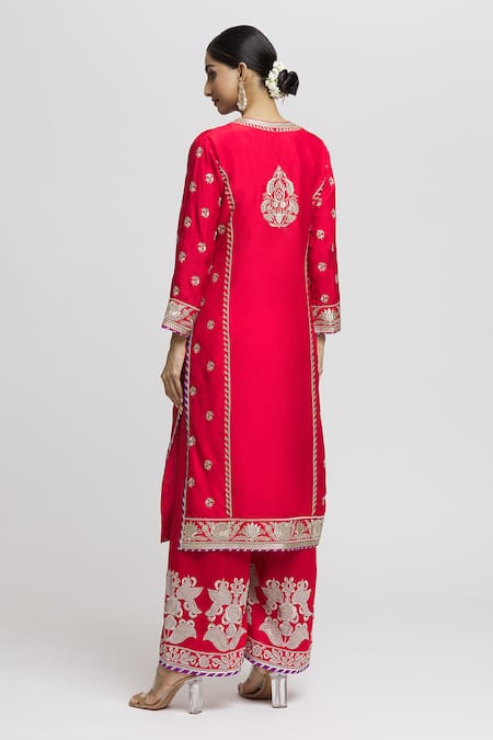 Shop Gopi Vaid Red Tussar, Organza Embroidery Split V-neck Amaya Straight Kurta Palazzo Set at Aza Fashions Shop_Gopi Vaid_Red Tussar, Organza Embroidery Split V-neck Amaya Straight Kurta Palazzo Set _at_Aza_Fashions