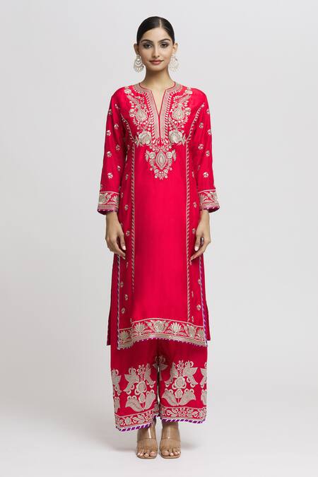 Gopi Vaid Red Tussar, Organza Embroidery Split V-neck Amaya Straight Kurta Palazzo Set Online at Aza Fashions Gopi Vaid_Red Tussar, Organza Embroidery Split V-neck Amaya Straight Kurta Palazzo Set _Online_at_Aza_Fashions