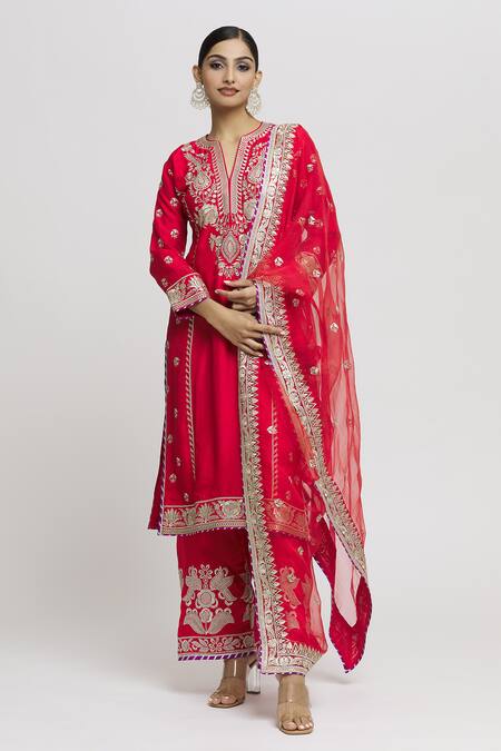 Buy Gopi Vaid Red Tussar, Organza Embroidery Split V-neck Amaya Straight Kurta Palazzo Set Online at Aza Fashions Buy_Gopi Vaid_Red Tussar, Organza Embroidery Split V-neck Amaya Straight Kurta Palazzo Set _Online_at_Aza_Fashions