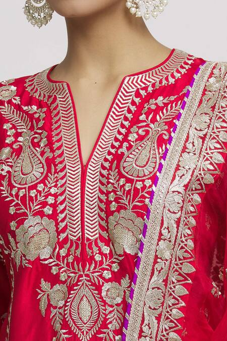 Shop Gopi Vaid Red Tussar, Organza Embroidery Split V-neck Amaya Straight Kurta Palazzo Set Online at Aza Fashions Shop_Gopi Vaid_Red Tussar, Organza Embroidery Split V-neck Amaya Straight Kurta Palazzo Set _Online_at_Aza_Fashions