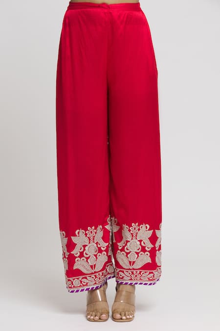 Gopi Vaid Red Tussar, Organza Embroidery Split V-neck Amaya Straight Kurta Palazzo Set at Aza Fashions Gopi Vaid_Red Tussar, Organza Embroidery Split V-neck Amaya Straight Kurta Palazzo Set _at_Aza_Fashions