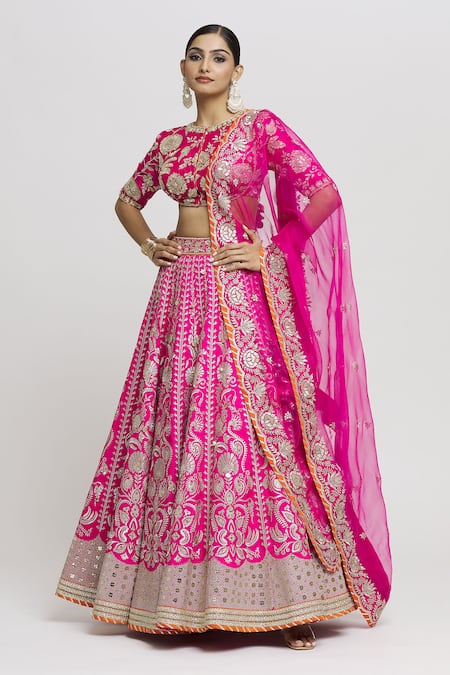Gopi Vaid Pink Lehenga And Blouse - Tussar Embroidered Floral Swati Bridal Set 