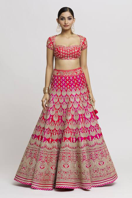 Buy_Gopi Vaid_Red Tussar, Organza Sequins, Embroidery Sweetheart Two Tone Bridal Lehenga Set _Online_at_Aza_Fashions