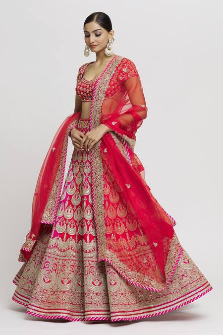 Shop_Gopi Vaid_Red Tussar, Organza Sequins, Embroidery Sweetheart Two Tone Bridal Lehenga Set _Online_at_Aza_Fashions