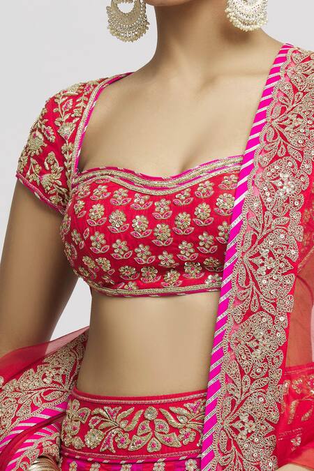 Gopi Vaid_Red Tussar, Organza Sequins, Embroidery Sweetheart Two Tone Bridal Lehenga Set _at_Aza_Fashions