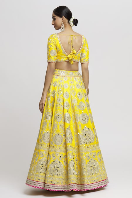 Gopi Vaid Yellow Tussar, Organza Zari, Embroidery Plunge Neck Anha Bridal Lehenga Set Online at Aza Fashions Gopi Vaid_Yellow Tussar, Organza Zari, Embroidery Plunge Neck Anha Bridal Lehenga Set _Online_at_Aza_Fashions