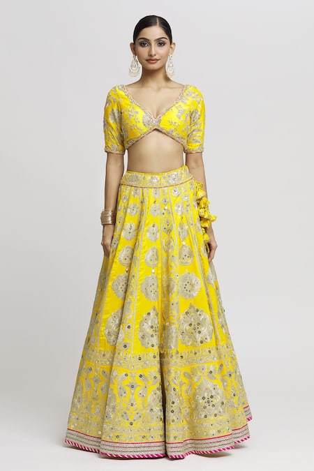 Buy Gopi Vaid Yellow Tussar, Organza Zari, Embroidery Plunge Neck Anha Bridal Lehenga Set Online at Aza Fashions Buy_Gopi Vaid_Yellow Tussar, Organza Zari, Embroidery Plunge Neck Anha Bridal Lehenga Set _Online_at_Aza_Fashions
