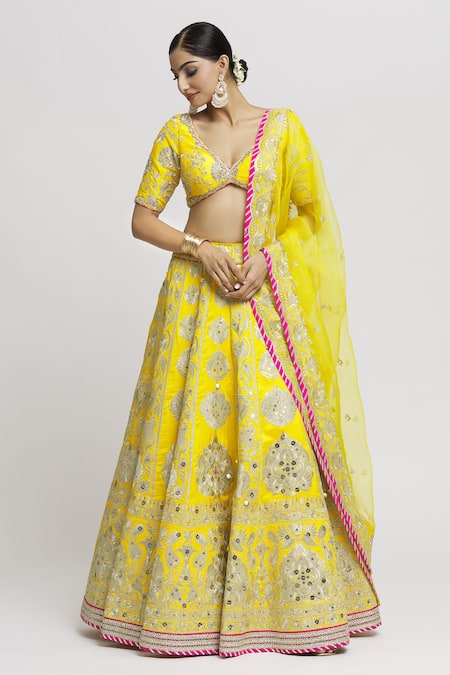 Shop Gopi Vaid Yellow Tussar, Organza Zari, Embroidery Plunge Neck Anha Bridal Lehenga Set Online at Aza Fashions Shop_Gopi Vaid_Yellow Tussar, Organza Zari, Embroidery Plunge Neck Anha Bridal Lehenga Set _Online_at_Aza_Fashions