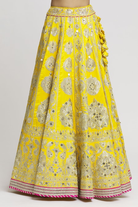 Gopi Vaid Yellow Tussar, Organza Zari, Embroidery Plunge Neck Anha Bridal Lehenga Set at Aza Fashions Gopi Vaid_Yellow Tussar, Organza Zari, Embroidery Plunge Neck Anha Bridal Lehenga Set _at_Aza_Fashions