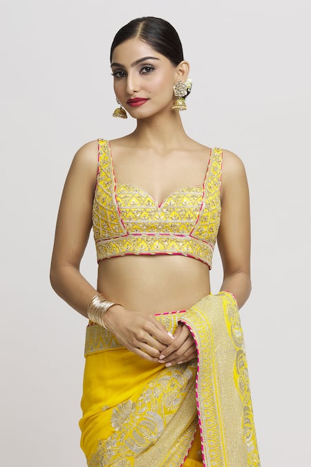 Gopi Vaid_Yellow Tussar Zari, Embroidery Sweetheart Neck Imroz Lehenga Saree With Blouse _Online_at_Aza_Fashions