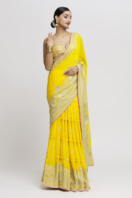 Buy_Gopi Vaid_Yellow Tussar Zari, Embroidery Sweetheart Neck Imroz Lehenga Saree With Blouse _Online_at_Aza_Fashions