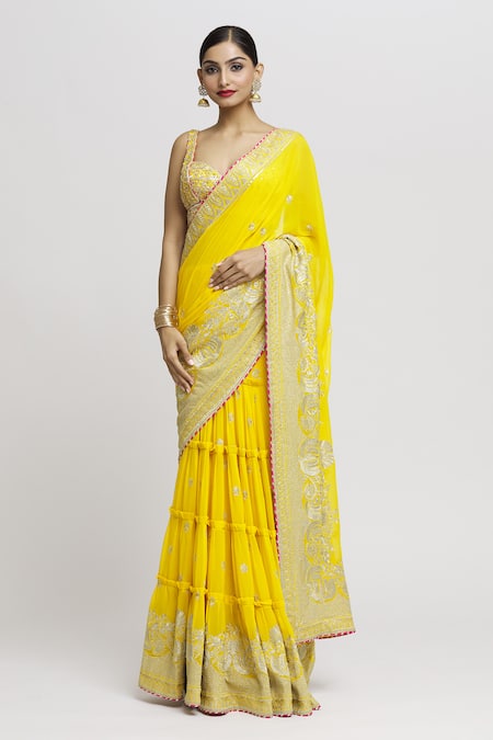 Shop_Gopi Vaid_Yellow Tussar Zari, Embroidery Sweetheart Neck Imroz Lehenga Saree With Blouse _Online_at_Aza_Fashions