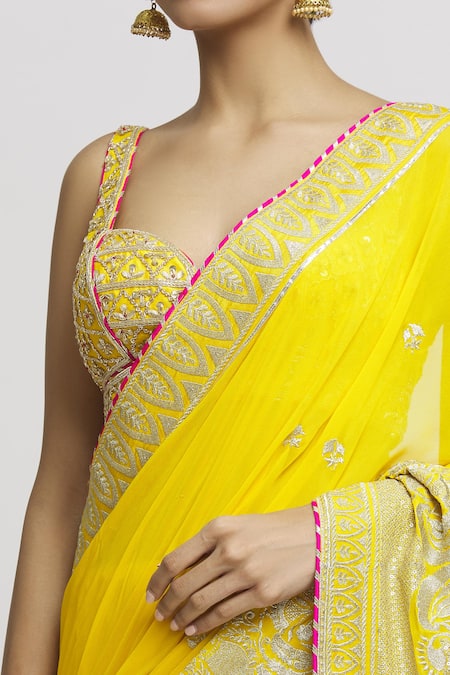 Gopi Vaid_Yellow Tussar Zari, Embroidery Sweetheart Neck Imroz Lehenga Saree With Blouse _at_Aza_Fashions