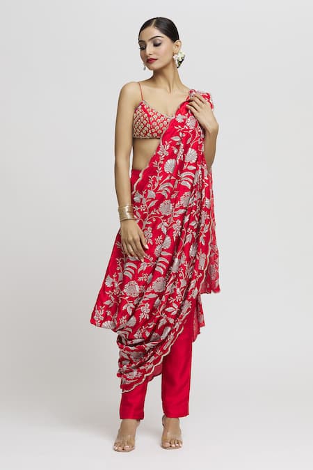 Gopi Vaid Red Drape - Georgette Embroidered Zardozi Scoop Vanya Pant Set With 