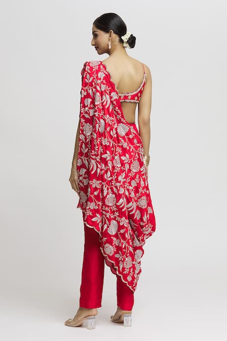 Shop_Gopi Vaid_Red Tussar, Georgette Embroidery Scoop Neck Vanya Pant Set With Drape _at_Aza_Fashions