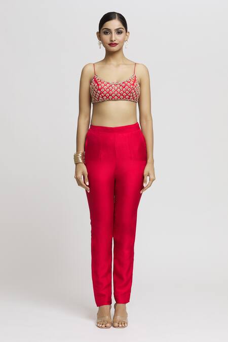 Gopi Vaid_Red Tussar, Georgette Embroidery Scoop Neck Vanya Pant Set With Drape _Online_at_Aza_Fashions