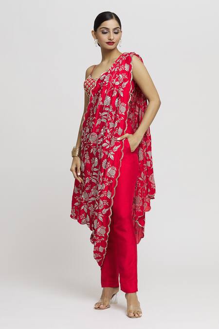 Buy_Gopi Vaid_Red Tussar, Georgette Embroidery Scoop Neck Vanya Pant Set With Drape _Online_at_Aza_Fashions