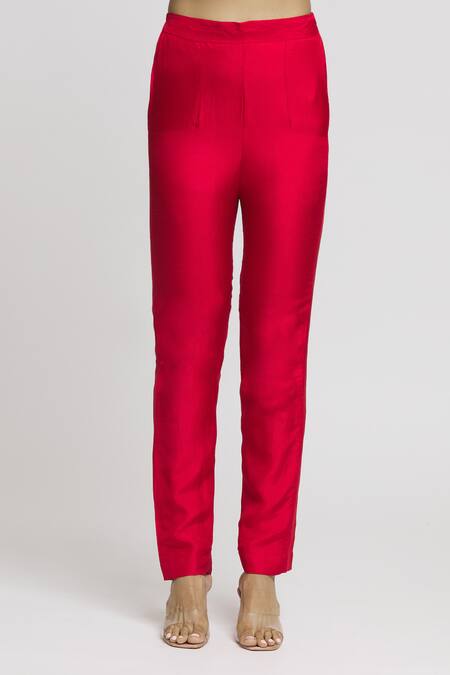 Gopi Vaid_Red Tussar, Georgette Embroidery Scoop Neck Vanya Pant Set With Drape _at_Aza_Fashions