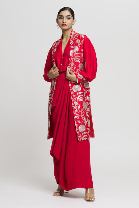 Gopi Vaid Red Tussar Embroidered Floral Ruhi Draped Skirt Set With Jacket  