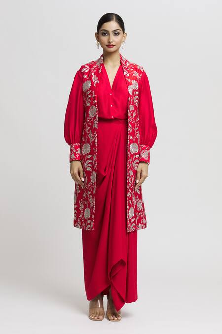 Gopi Vaid_Red Tussar Embroidery Bandeau , Open Ruhi Draped Skirt Set With Jacket _Online_at_Aza_Fashions