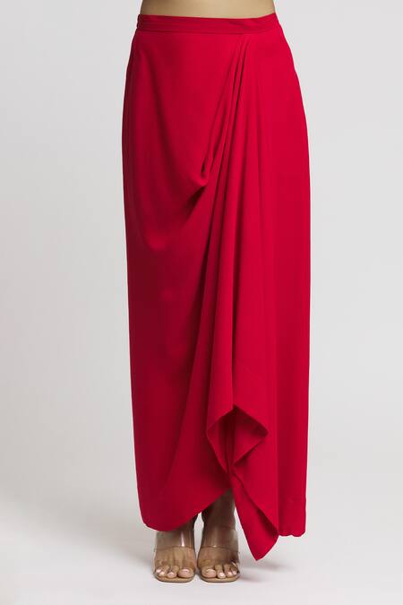 Buy_Gopi Vaid_Red Tussar Embroidery Bandeau , Open Ruhi Draped Skirt Set With Jacket _Online_at_Aza_Fashions