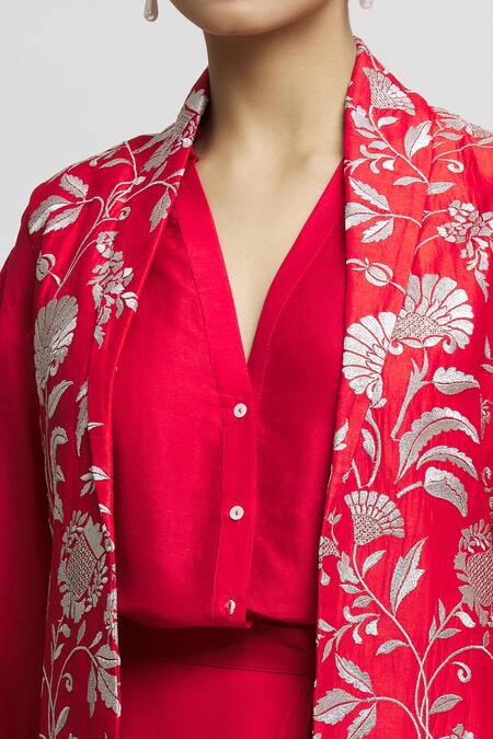 Shop_Gopi Vaid_Red Tussar Embroidery Bandeau , Open Ruhi Draped Skirt Set With Jacket _Online_at_Aza_Fashions