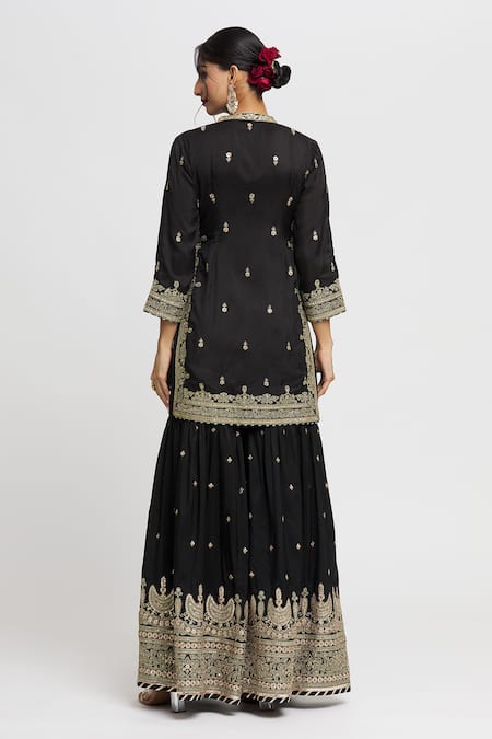 Shop_Gopi Vaid_Black Tussar, Organza Sequins, Embroidery, Siddhat Floral Kurta Sharara Set _at_Aza_Fashions