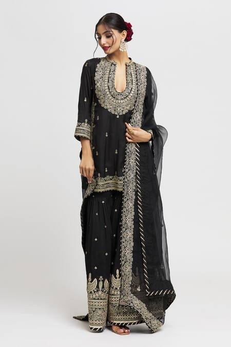 Gopi Vaid_Black Tussar, Organza Sequins, Embroidery, Siddhat Floral Kurta Sharara Set _Online_at_Aza_Fashions