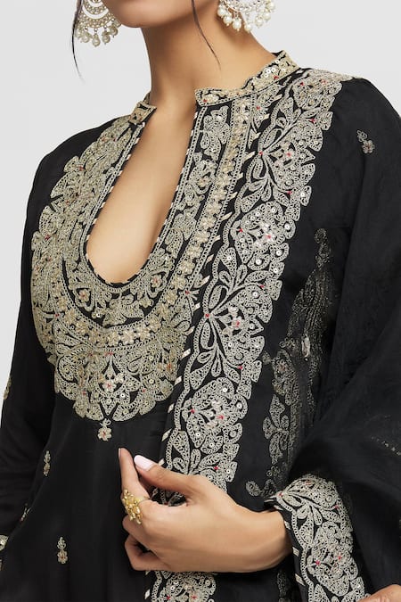 Buy_Gopi Vaid_Black Tussar, Organza Sequins, Embroidery, Siddhat Floral Kurta Sharara Set _Online_at_Aza_Fashions
