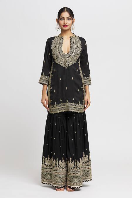 Gopi Vaid_Black Tussar, Organza Sequins, Embroidery, Siddhat Floral Kurta Sharara Set _at_Aza_Fashions