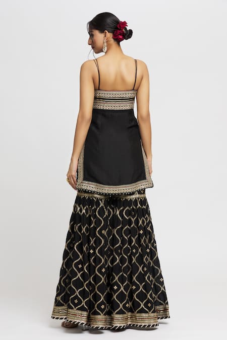 Shop_Gopi Vaid_Black Tussar, Organza Embroidery, Sequins, Aarva Strappy Yoke Kurta Sharara Set _at_Aza_Fashions