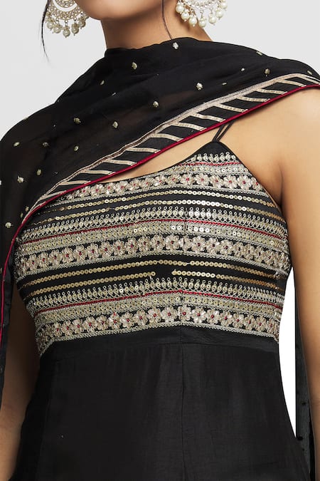 Gopi Vaid_Black Tussar, Organza Embroidery, Sequins, Aarva Strappy Yoke Kurta Sharara Set _Online_at_Aza_Fashions