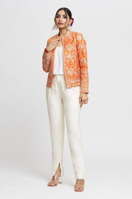 Gopi Vaid_Orange Tussar Embroidery Saba Floral Blazer_Online_at_Aza_Fashions