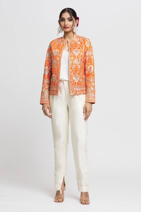 Buy_Gopi Vaid_Orange Tussar Embroidery Saba Floral Blazer_Online_at_Aza_Fashions