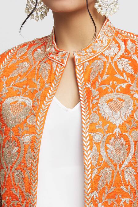 Shop_Gopi Vaid_Orange Tussar Embroidery Saba Floral Blazer_Online_at_Aza_Fashions