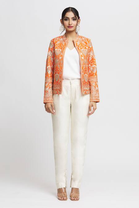 Gopi Vaid_Orange Tussar Embroidery Saba Floral Blazer_at_Aza_Fashions