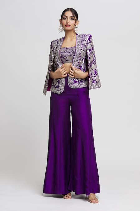 Gopi Vaid Purple Tussar Woven Floral Jacket Open Sanya Flared Pant Set 