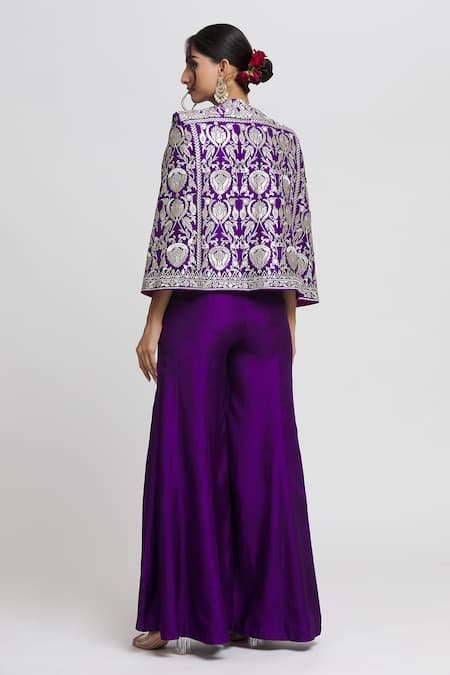 Shop Gopi Vaid Purple Tussar Embroidery Square Neck, Sanya Floral Woven Jacket Flared Pant Set at Aza Fashions Shop_Gopi Vaid_Purple Tussar Embroidery Square Neck, Sanya Floral Woven Jacket Flared Pant Set_at_Aza_Fashions
