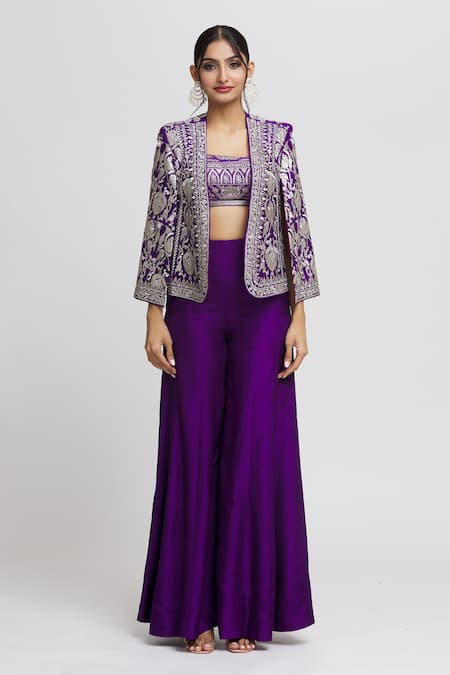 Buy Gopi Vaid Purple Tussar Embroidery Square Neck, Sanya Floral Woven Jacket Flared Pant Set Online at Aza Fashions Buy_Gopi Vaid_Purple Tussar Embroidery Square Neck, Sanya Floral Woven Jacket Flared Pant Set_Online_at_Aza_Fashions