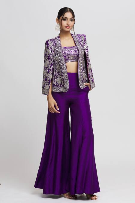 Shop Gopi Vaid Purple Tussar Embroidery Square Neck, Sanya Floral Woven Jacket Flared Pant Set Online at Aza Fashions Shop_Gopi Vaid_Purple Tussar Embroidery Square Neck, Sanya Floral Woven Jacket Flared Pant Set_Online_at_Aza_Fashions