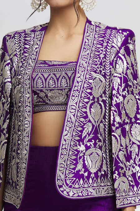 Gopi Vaid Purple Tussar Embroidery Square Neck, Sanya Floral Woven Jacket Flared Pant Set at Aza Fashions Gopi Vaid_Purple Tussar Embroidery Square Neck, Sanya Floral Woven Jacket Flared Pant Set_at_Aza_Fashions