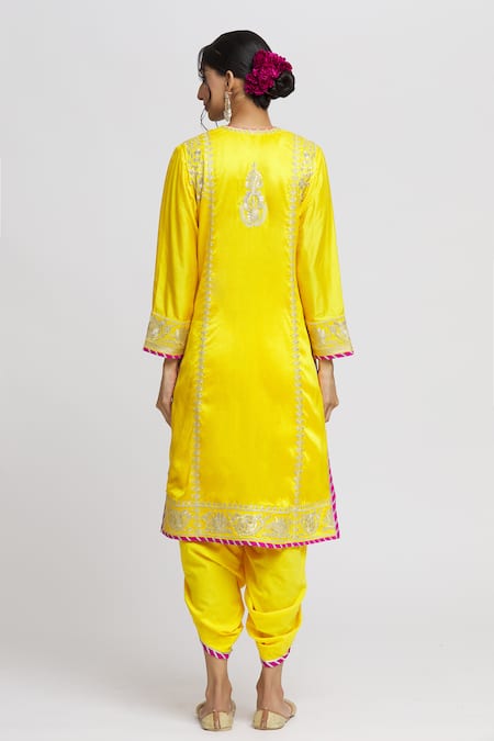 Shop_Gopi Vaid_Yellow Tussar, Cotton, Chiffon Gota Patti, Surbhi Thread Work Kurta Set _at_Aza_Fashions