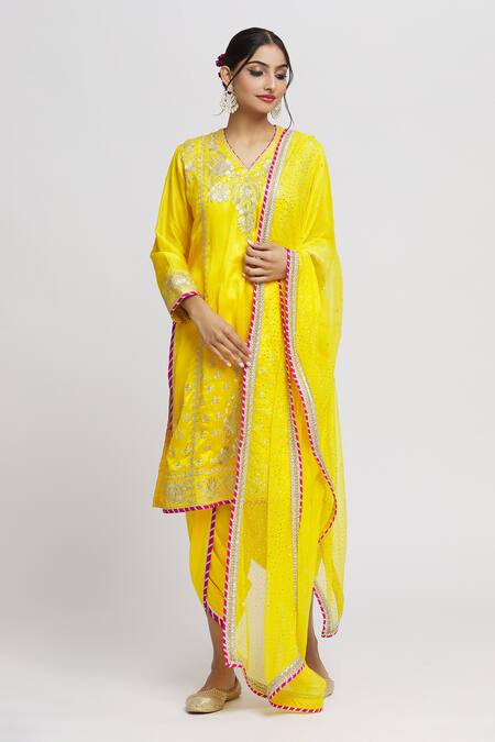 Gopi Vaid_Yellow Tussar, Cotton, Chiffon Gota Patti, Surbhi Thread Work Kurta Set _Online_at_Aza_Fashions